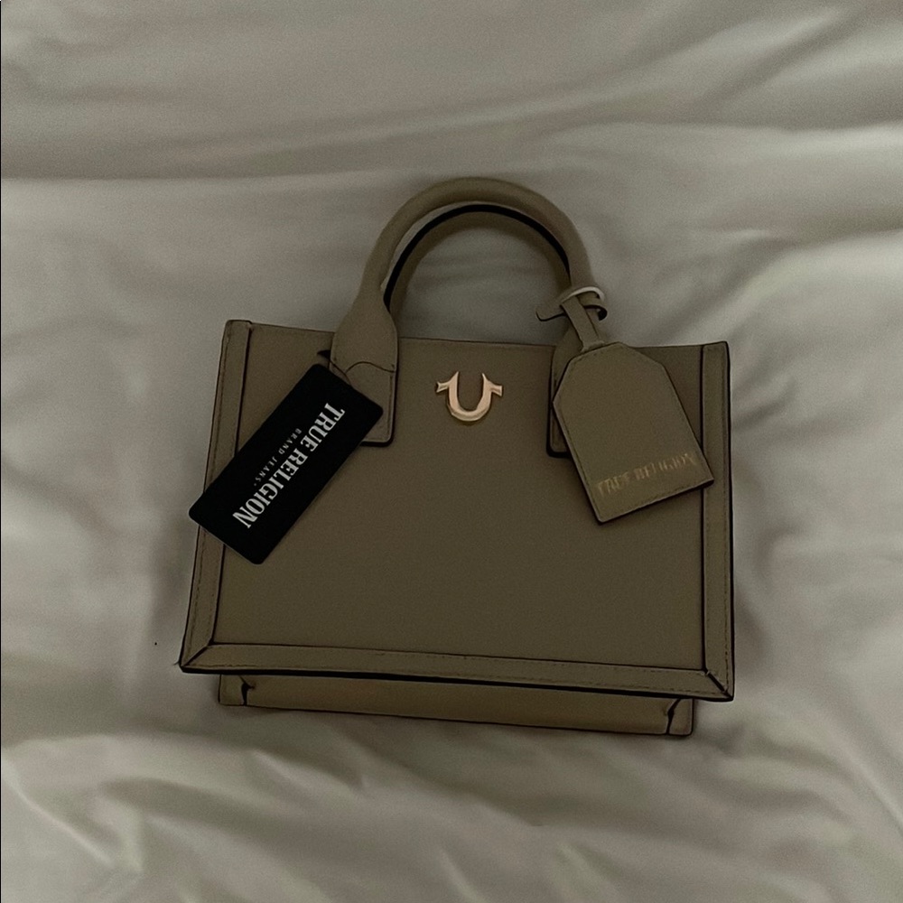 True Religion Tan Satchel with Gold Accents and Structured Design